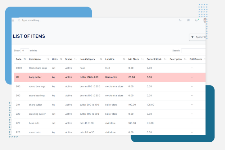 Store management with stock levels and material tracking