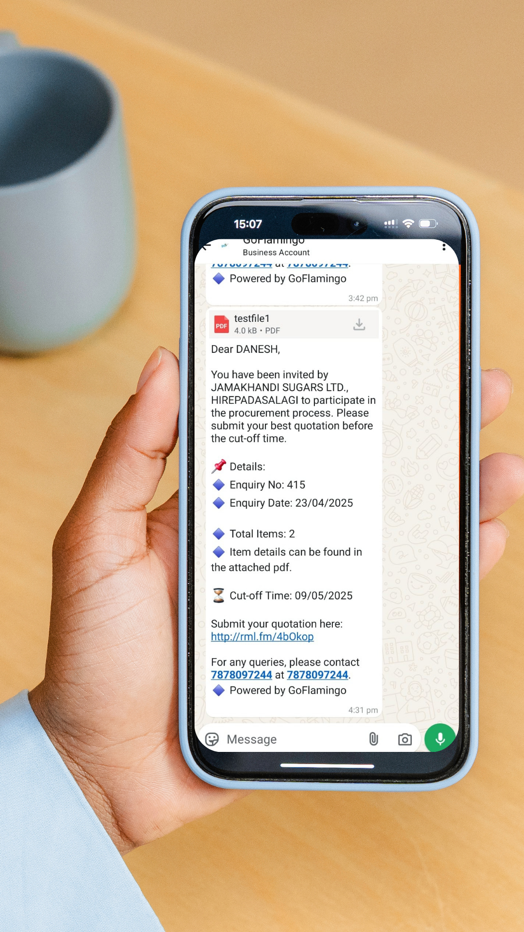 WhatsApp vendor enquiry with quotation link